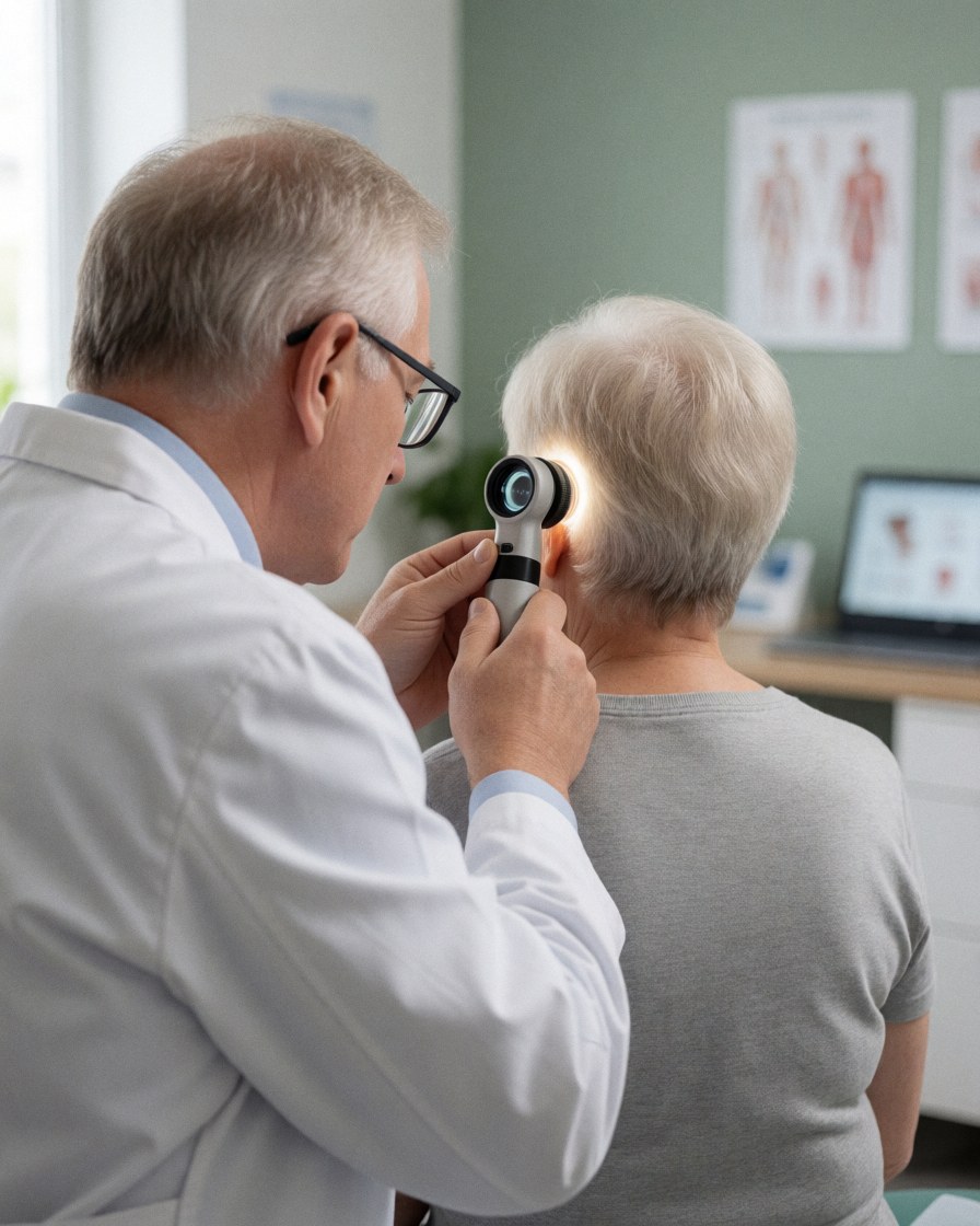 A doctor in a white coat uses a dermatoscope to examine a patient's skin during a medical consultation in a clinical setting.