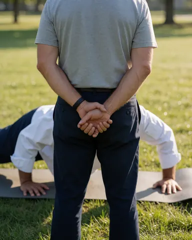 Personal trainer watches a client perform push-ups on a yoga mat in a garden with morning light.