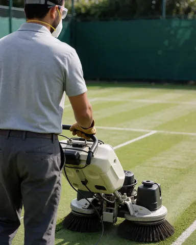 Worker wearing safety gear operates a cleaning machine on a tennis court with white lines under bright sunlight