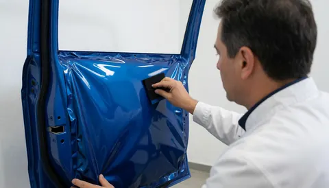 Technician applying bright blue vinyl to car door with white wall background and text space