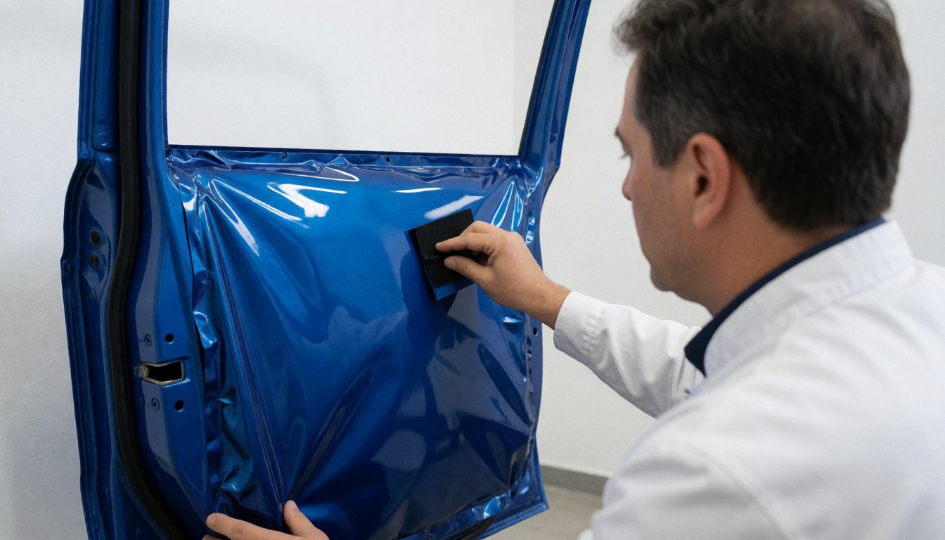 Technician applying bright blue vinyl to car door with white wall background and text space
