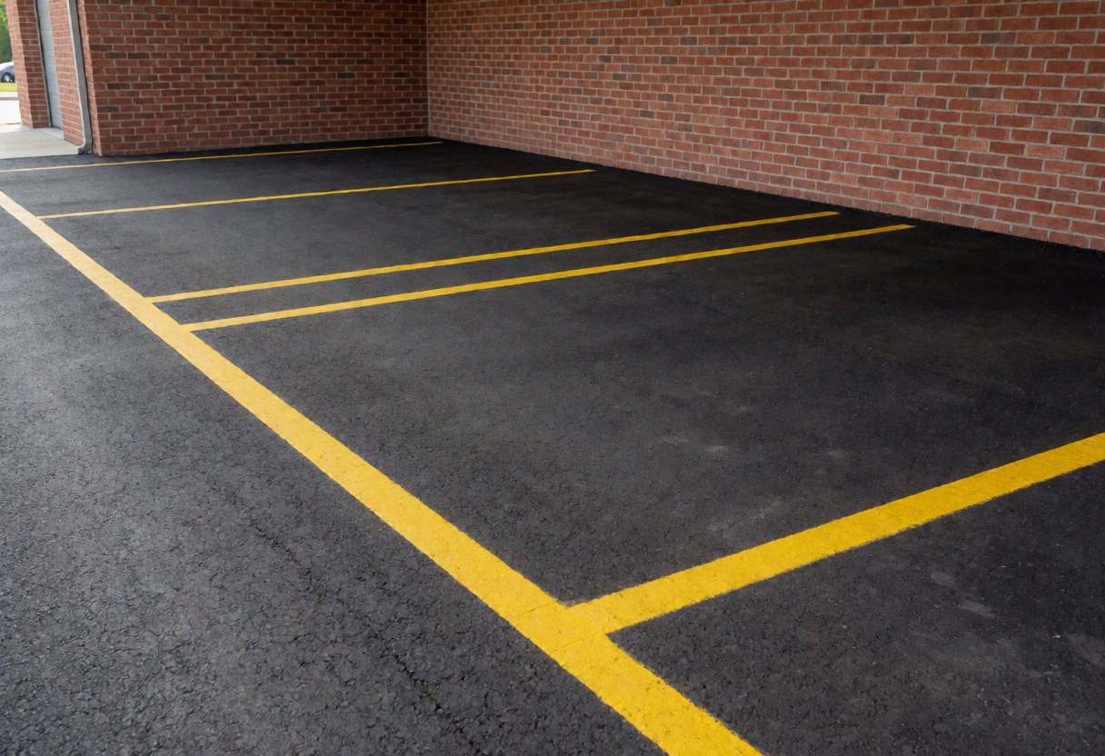 Empty parking lot with yellow painted lines on black asphalt adjacent to a red brick wall, ready for vehicles.