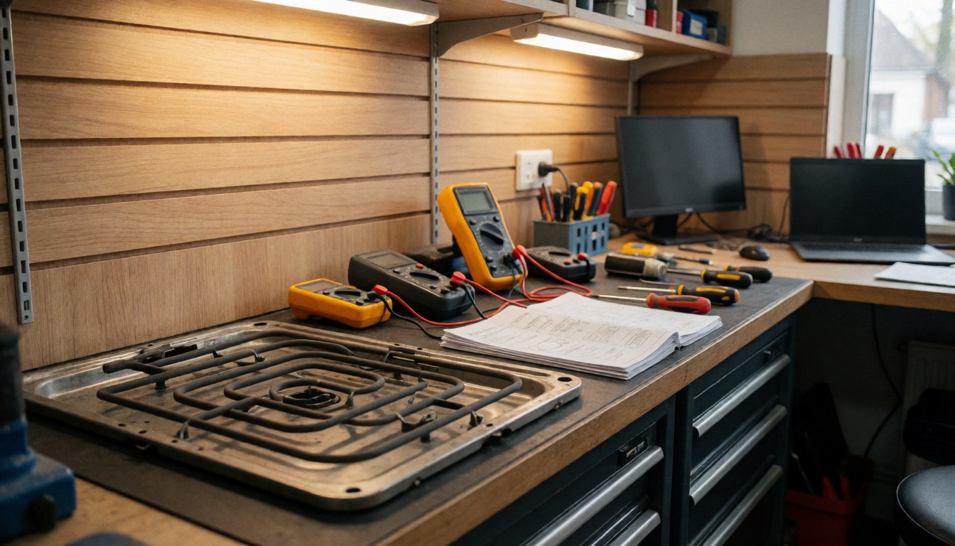 Workbench with disassembled oven parts, multimeters, tools, and open manual in repair shop