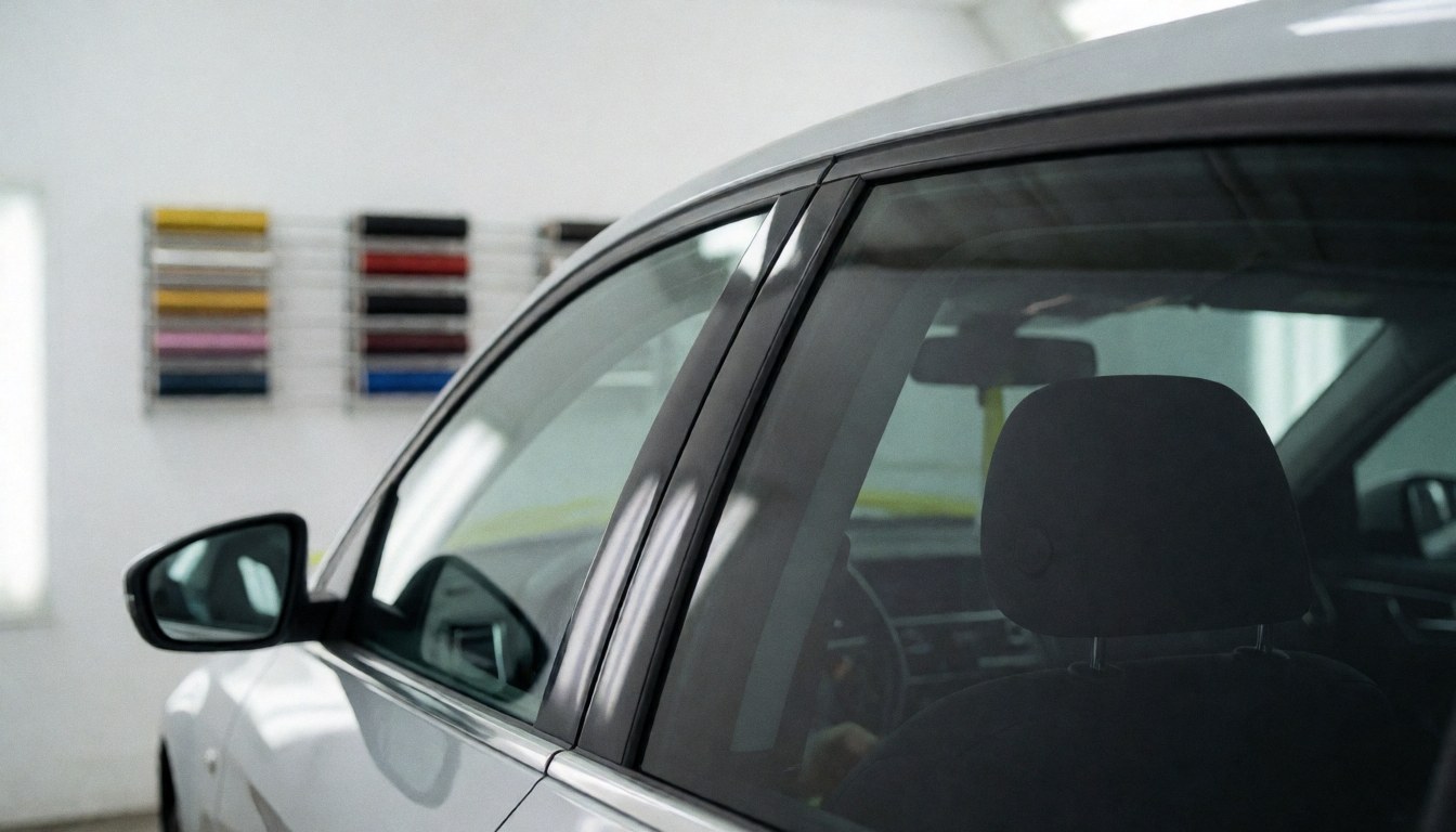 A car with tinted windows inside a glass tinting workshop with film samples visible in the background against white walls