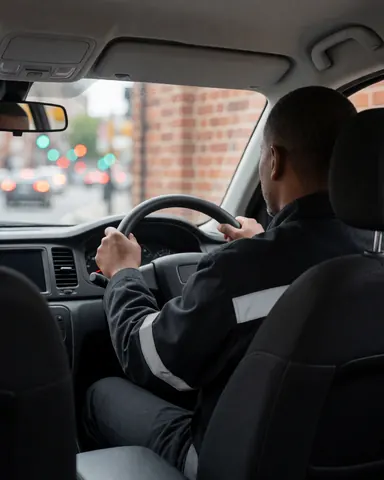 Taxi driver wearing a reflective uniform driving a taxi on a street with a red brick wall and blurred traffic lights