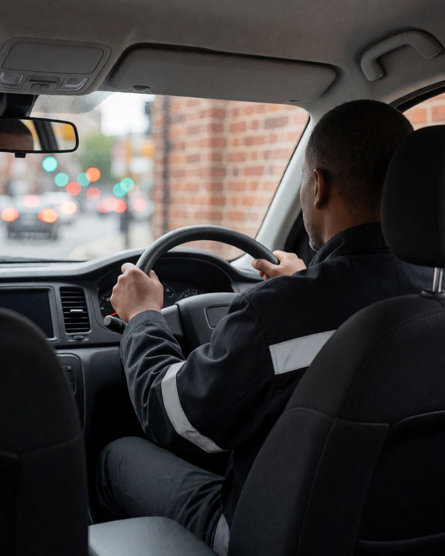 Taxi driver wearing a reflective uniform driving a taxi on a street with a red brick wall and blurred traffic lights