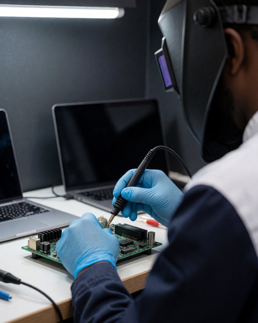Close-up of technician soldering a circuit board on a white workbench with tools and laptop nearby