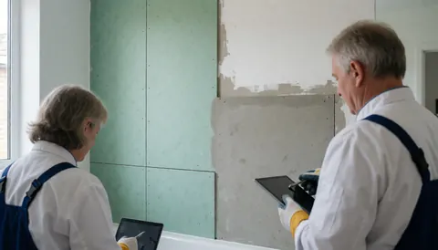 Two workers check a green and gray cement board wall prepared for tile installation under natural light