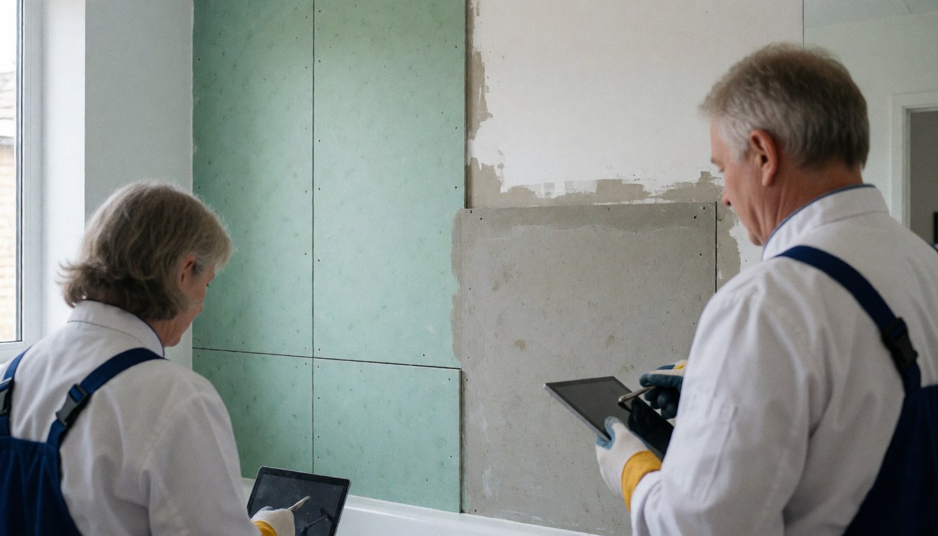 Two workers check a green and gray cement board wall prepared for tile installation under natural light