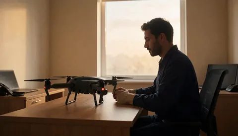 A drone sits on a wooden table in an office with beige walls and natural window light, suitable for a robotics workshop setting.