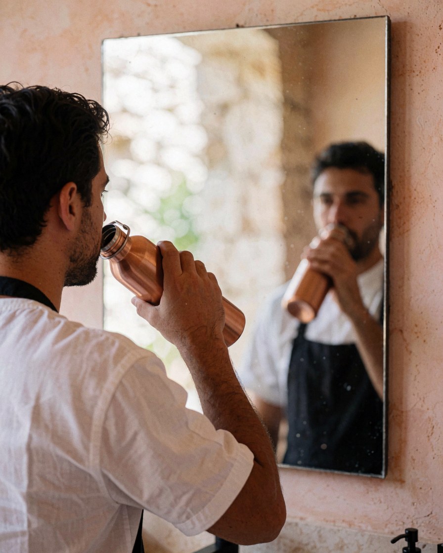 A person drinks water from a copper bottle while looking into a mirror in a stone and terracotta bathroom.