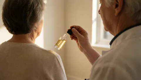 A therapist applies amber serum to a client in a professional, calm setting with natural light and warm white walls.