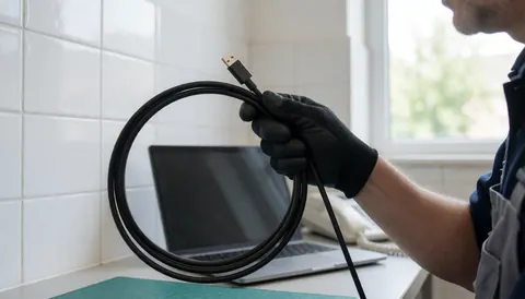 Technician displaying a USB-C cable on a workbench with a laptop and white tiled wall