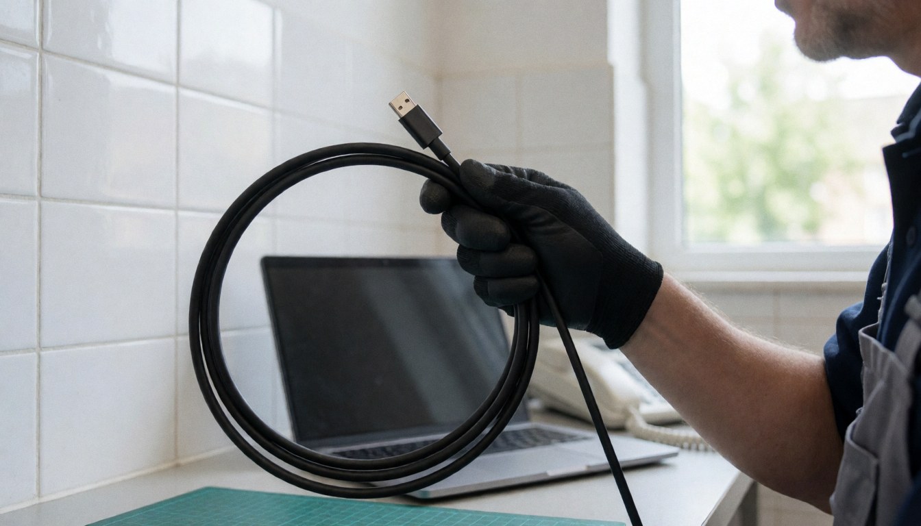 Technician displaying a USB-C cable on a workbench with a laptop and white tiled wall