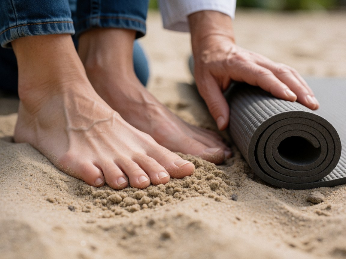 Bare feet on sand with a rolled yoga mat, ideal for a beach club with natural light and visible sand texture