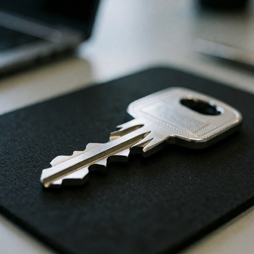 Close-up of a high-security metal key with embossed details resting on a matte black surface, suitable for locksmith business marketing.