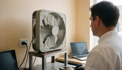 A box fan is being tested on a metal table, plugged in, with a person observing from behind in a beige-walled workshop.