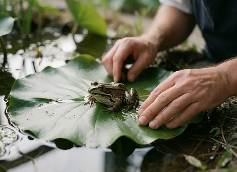 A frog rests on a large lotus leaf near the water, with human hands observing it closely, ideal for an ecological park.