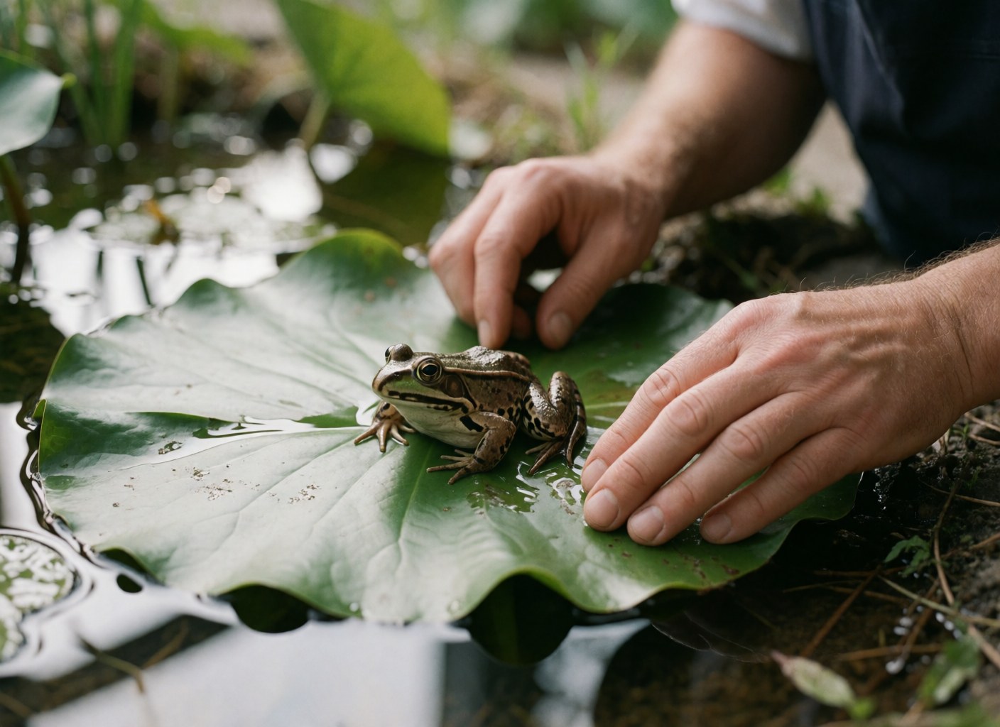 A frog rests on a large lotus leaf near the water, with human hands observing it closely, ideal for an ecological park.