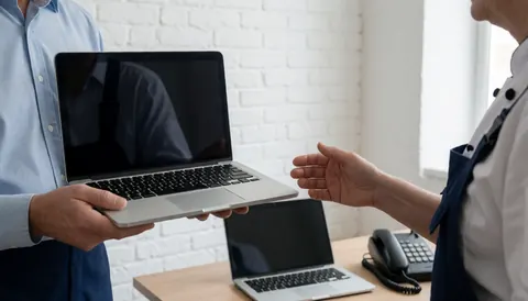 A technician delivers a repaired laptop to a customer in an office with a white brick wall and natural light.