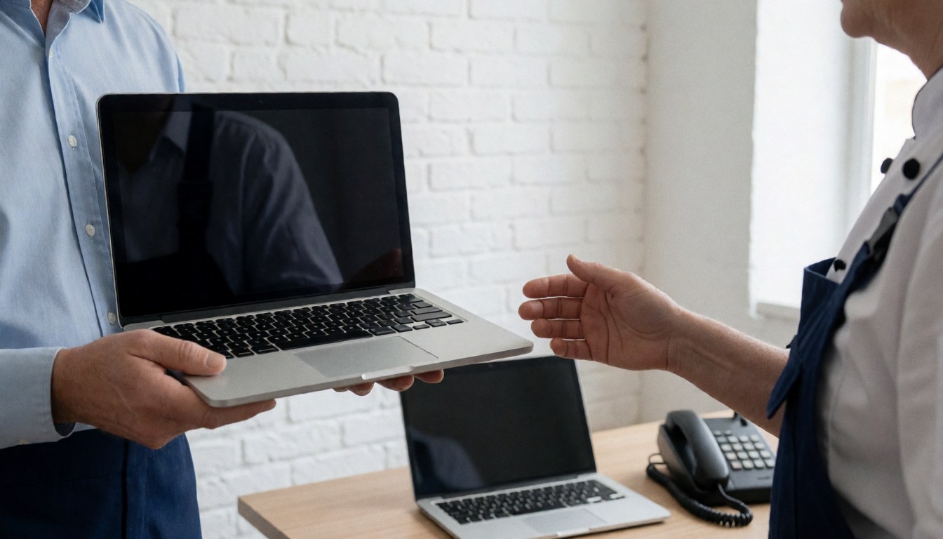 A technician delivers a repaired laptop to a customer in an office with a white brick wall and natural light.