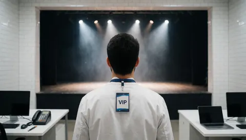 Person with vip lanyard standing before a lit stage with white tiled walls at an entertainment center