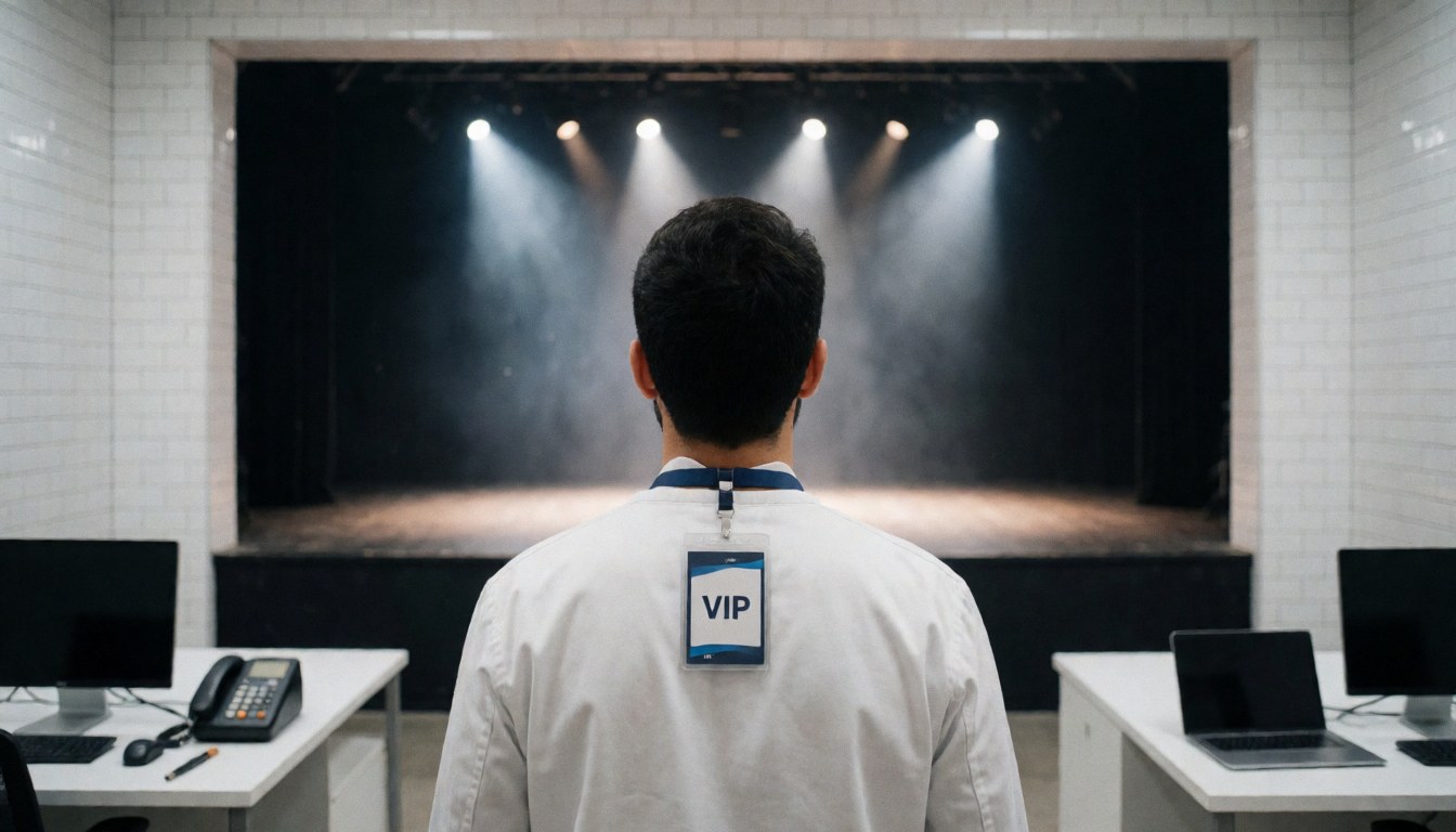 Person with vip lanyard standing before a lit stage with white tiled walls at an entertainment center