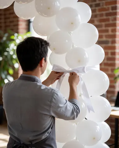Decorator tying white ribbon to a white balloon arch in a room with a red brick wall