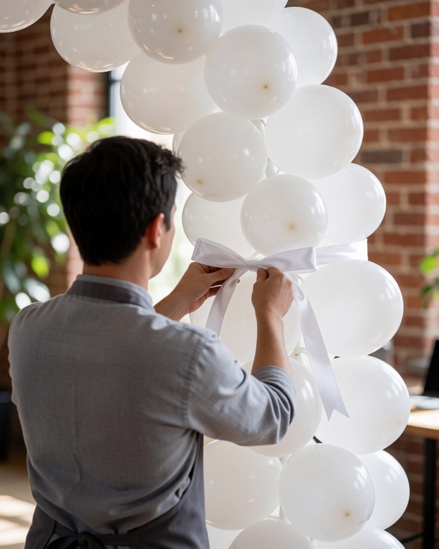 Decorator tying white ribbon to a white balloon arch in a room with a red brick wall