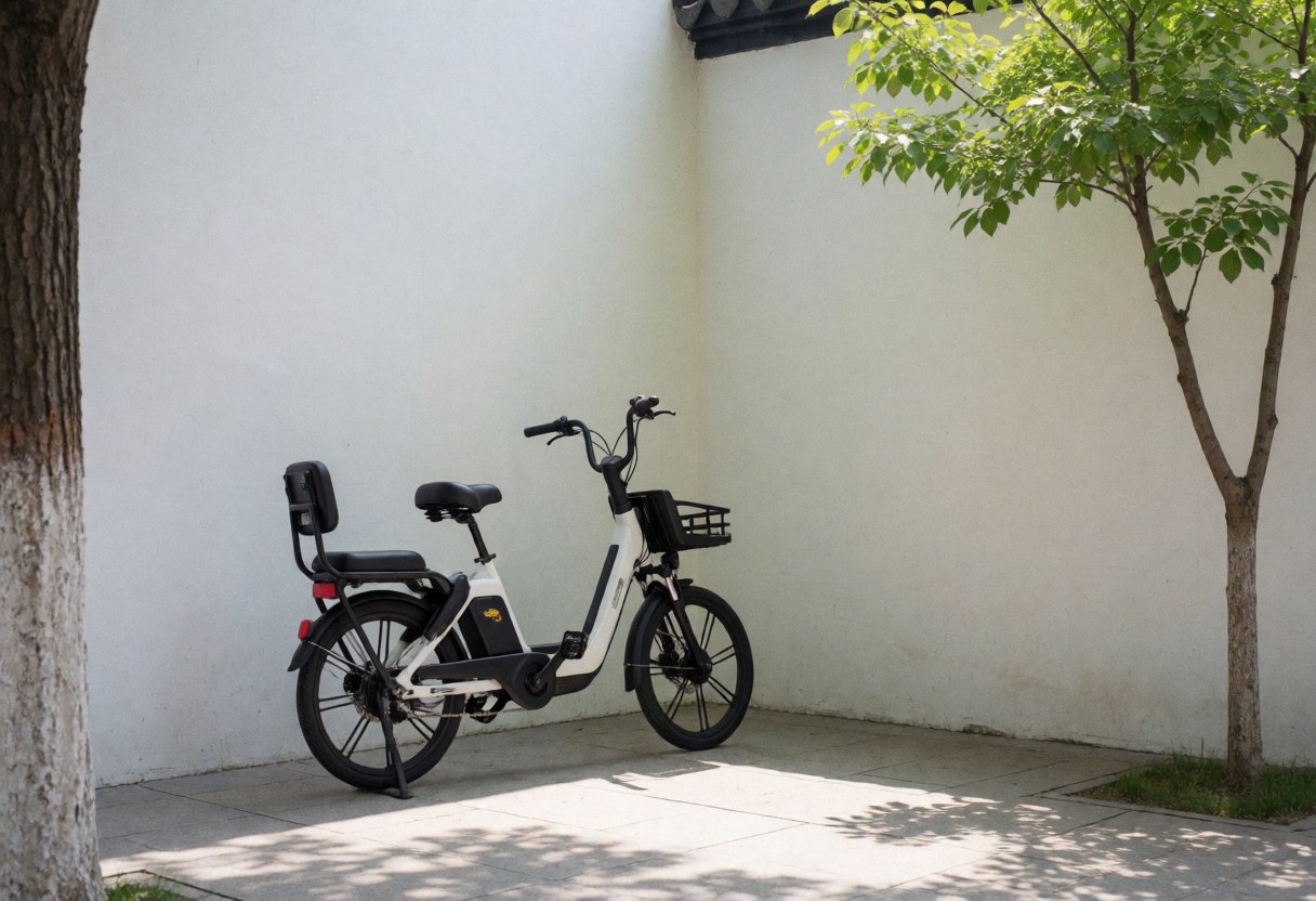 Electric bicycle with rear seat parked in a historic plaza featuring white walls and tree shadows.