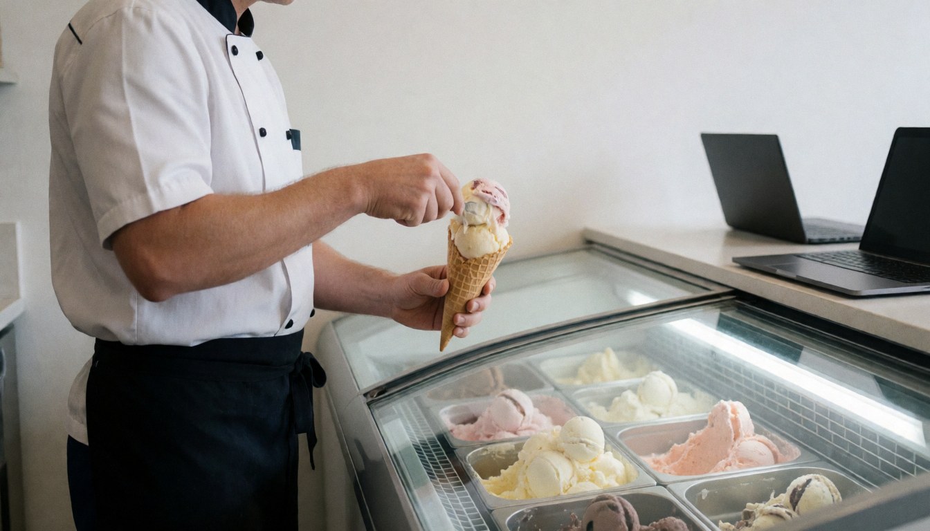 Ice cream vendor serving a fresh cone from a cooler, wearing a white and black uniform against a clean modern background.