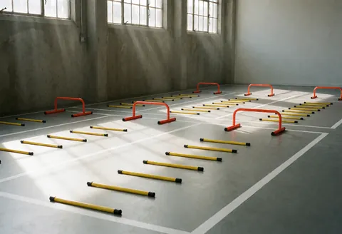 Yellow stairs and orange barriers in a sports club warm-up zone with concrete walls and gray floor under sunlight