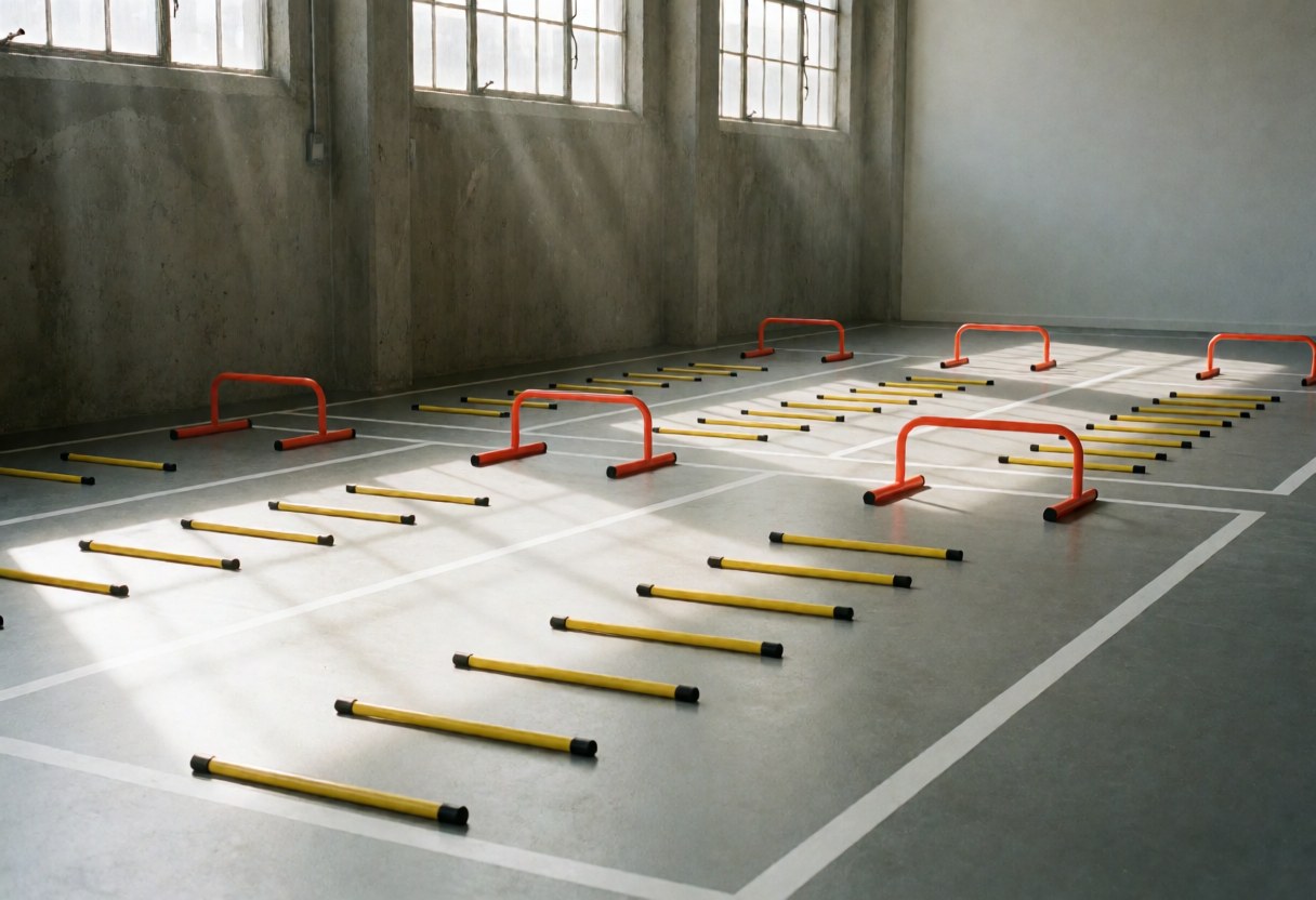 Yellow stairs and orange barriers in a sports club warm-up zone with concrete walls and gray floor under sunlight