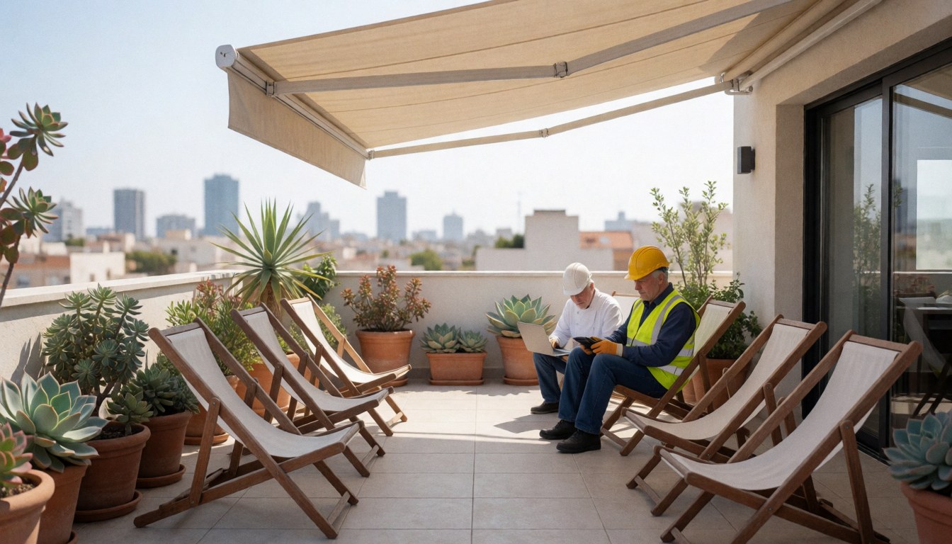 Two workers wearing helmets and vests on a beige awning terrace with wooden chairs, succulents, and a city view in the background.