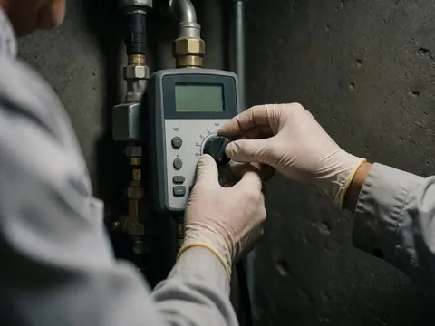Close-up of gloved hands turning the dial on a professional gas leak detection instrument mounted on a concrete wall near pipes.