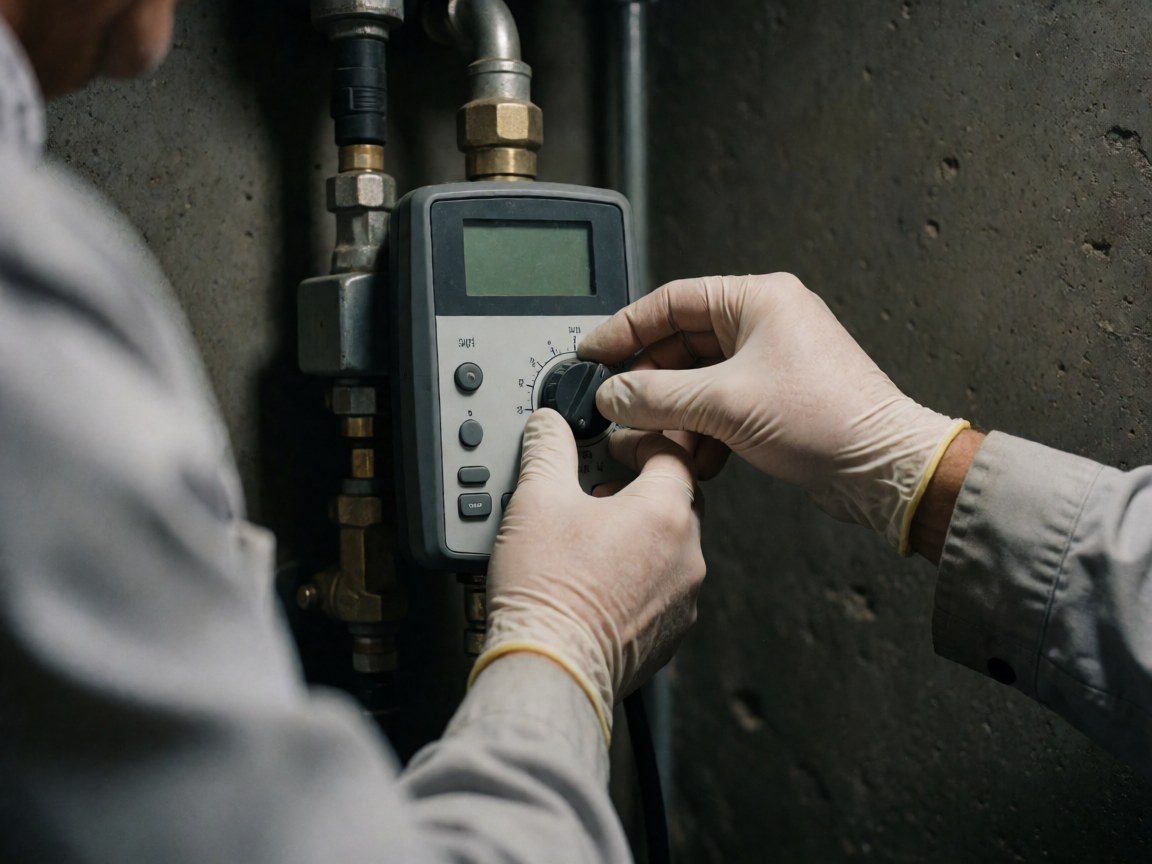 Close-up of gloved hands turning the dial on a professional gas leak detection instrument mounted on a concrete wall near pipes.