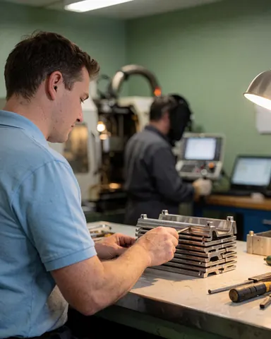 A customer inspects stamped metal components in an industrial workshop with green walls and machinery in the background.