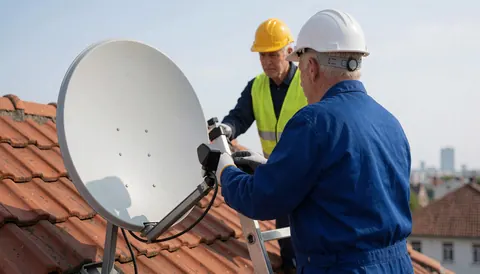 Two technicians wearing helmets and vests install a white satellite antenna on a red tiled roof under a clear sky.