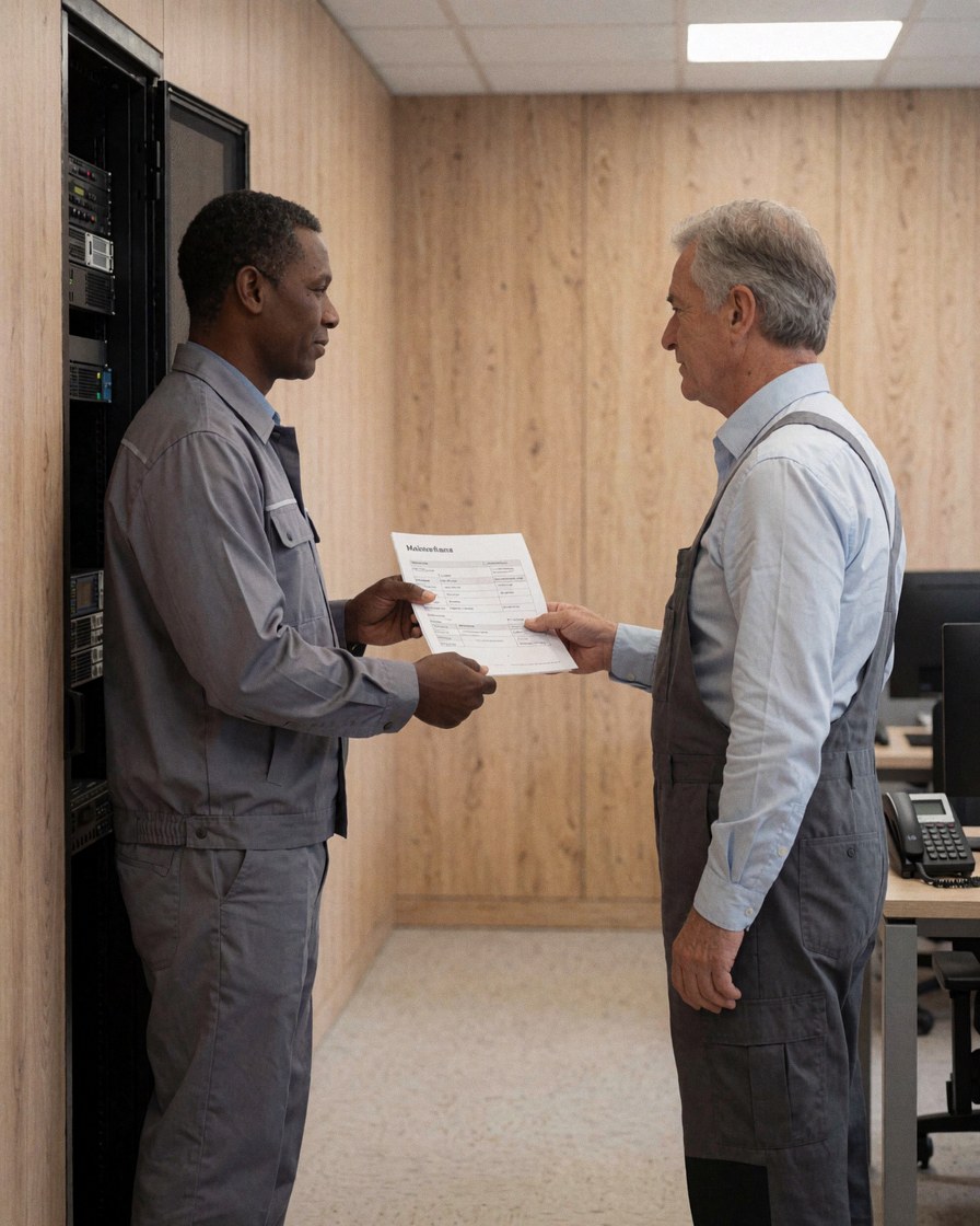 Security technician in uniform hands a maintenance report to a client in a modern office hallway near a server rack.