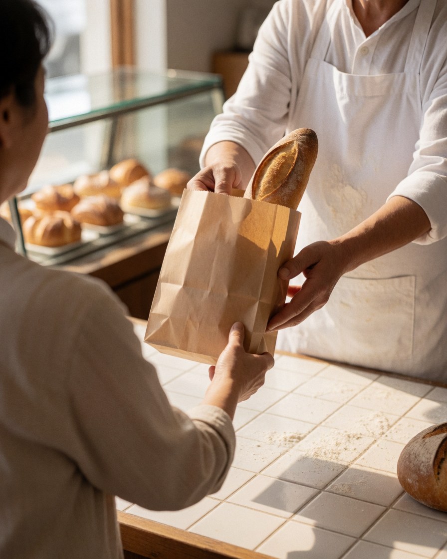 A baker hands a paper bag containing a baguette to a happy customer inside a bright bakery with other bakers working in the background