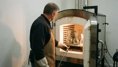 A man wearing a leather apron inspects glassware inside an open glass furnace with warm professional lighting