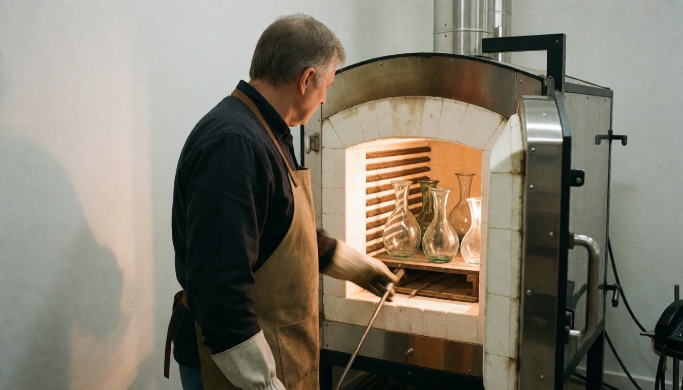 A man wearing a leather apron inspects glassware inside an open glass furnace with warm professional lighting