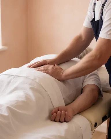 Physiotherapist applying manual massage to a client lying on a treatment table in a professional setting