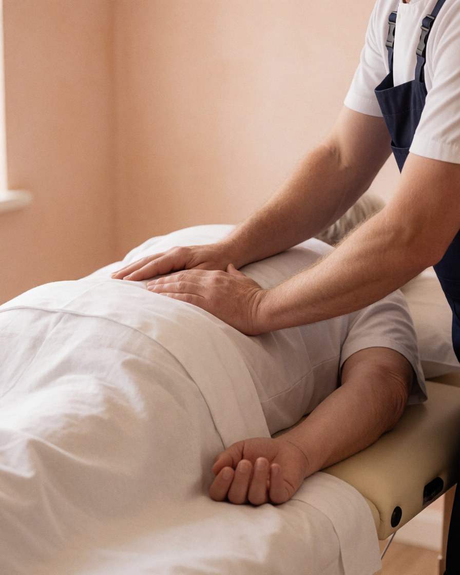 Physiotherapist applying manual massage to a client lying on a treatment table in a professional setting