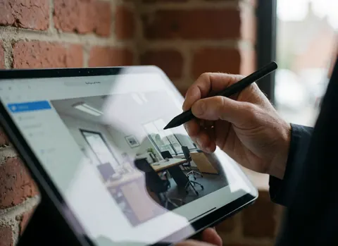 Close-up of a hand using a stylus on a digital tablet screen with a brick wall background and natural light