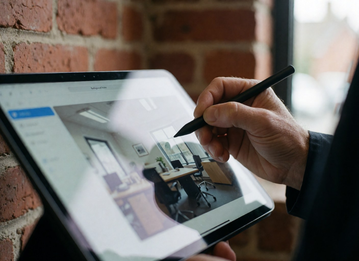 Close-up of a hand using a stylus on a digital tablet screen with a brick wall background and natural light