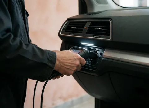 Close-up of a mechanic connecting a diagnostic tool to a vehicle's OBD port in a clean, professionally lit service bay