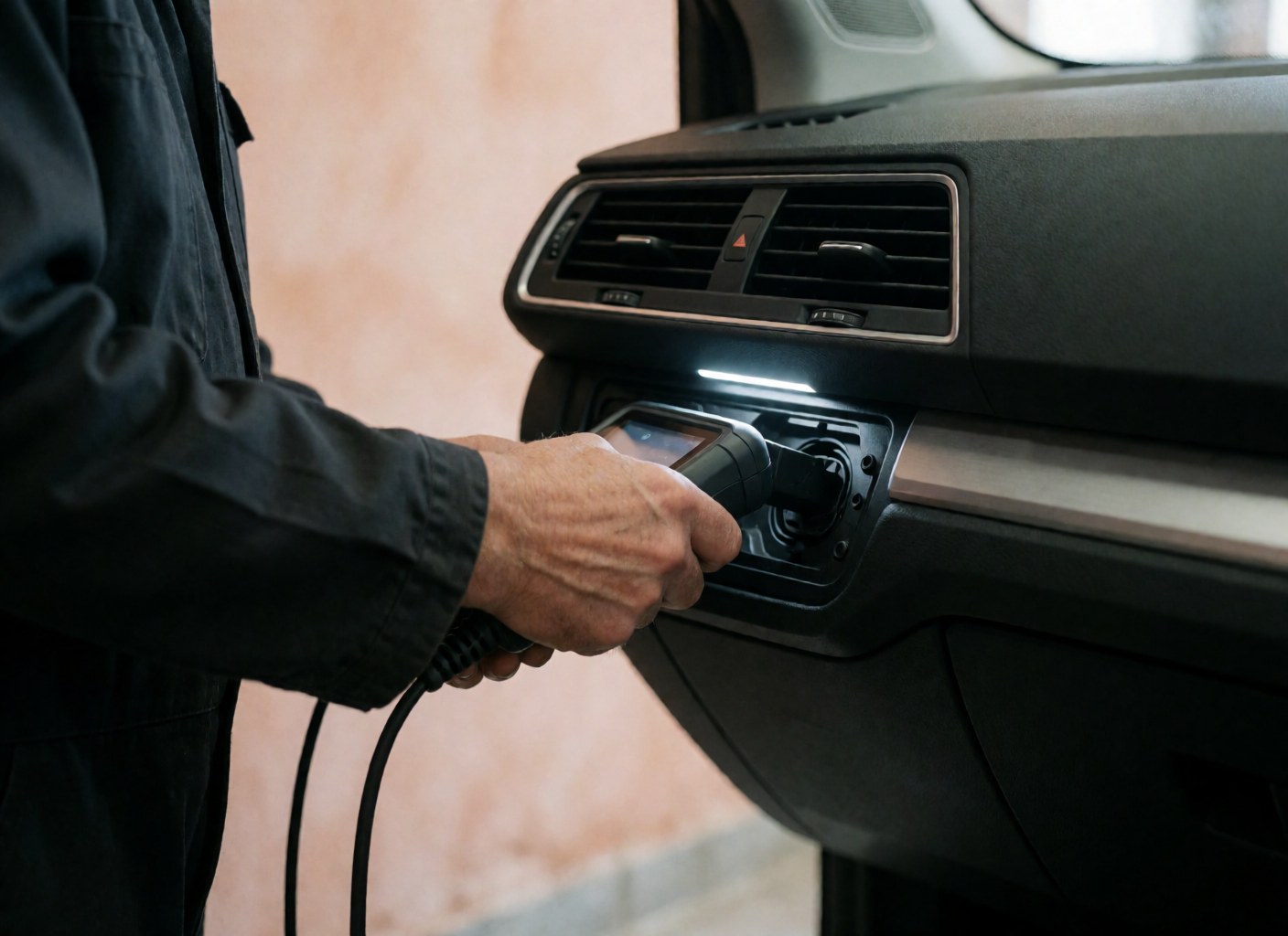 Close-up of a mechanic connecting a diagnostic tool to a vehicle's OBD port in a clean, professionally lit service bay