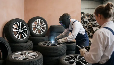 A welder works on a car wheel surrounded by stacks of tires and recycled metal in a vehicle recycling facility.