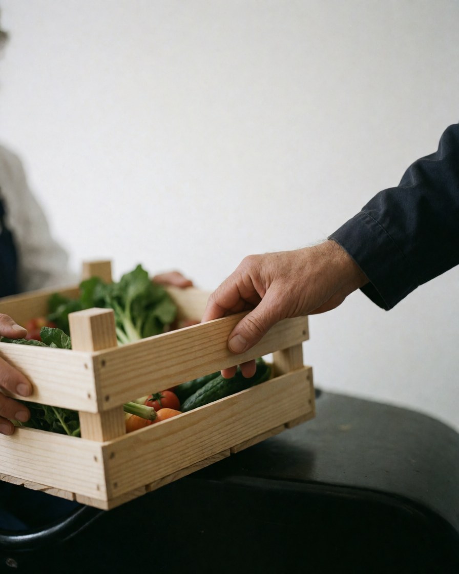 Close-up of a hand holding a wooden crate filled with fresh produce against a plain white background